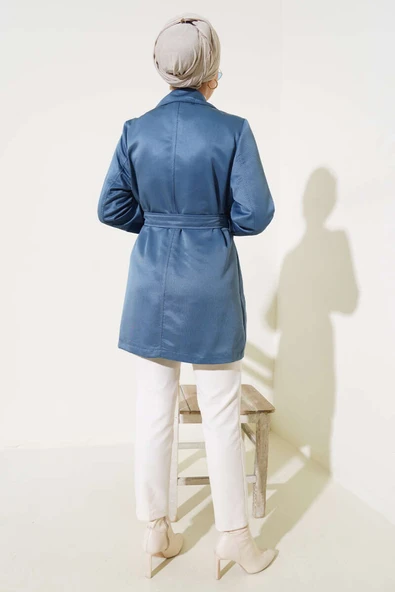 Pelerinli Kuşaklı Kısa Trençkot İndigo - Resim 3