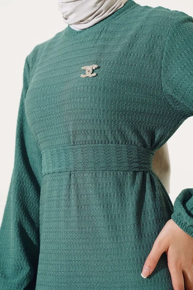 Bel Kuşaklı Volanlı Elbise Yeşil - Resim 4