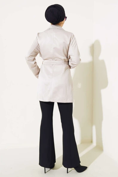 Pelerinli Kuşaklı Kısa Trençkot Bej - Resim 3