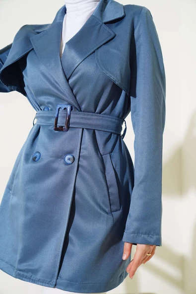 Pelerinli Kuşaklı Kısa Trençkot İndigo - Resim 4