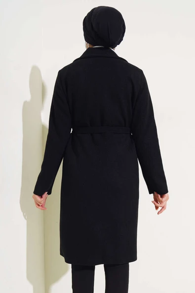 Bel Kuşaklı Astarlı Kaşe Kaban Siyah - Resim 3