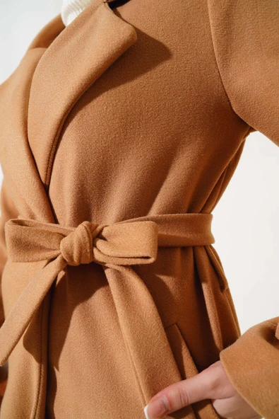 Bel Kuşaklı Astarlı Kaşe Kaban Camel - Resim 4