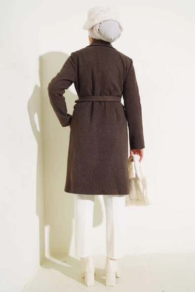 Bel Kuşaklı Astarlı Kaşe Kaban Kahve - Resim 3