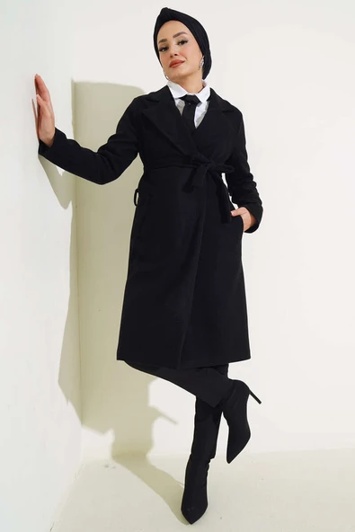 Bel Kuşaklı Astarlı Kaşe Kaban Siyah - Resim 2