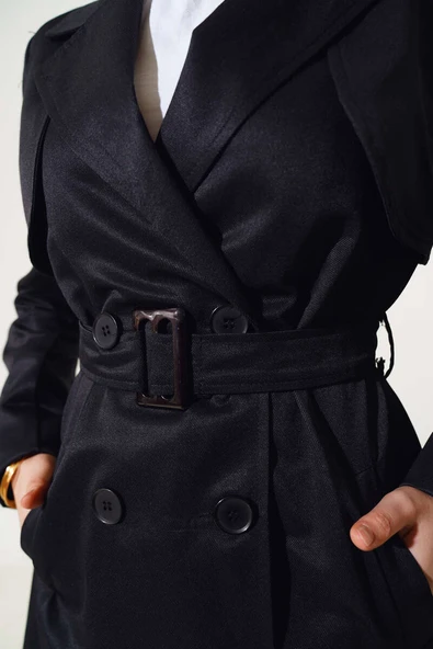 Pelerinli Kuşaklı Kısa Trençkot Siyah - Resim 4