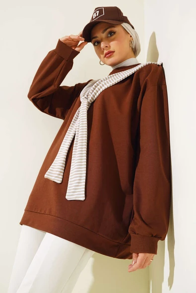 Omuz Atkı Görünümlü Tunik Kahve - Resim 2