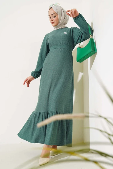 Bel Kuşaklı Volanlı Elbise Yeşil ürün görseli 1