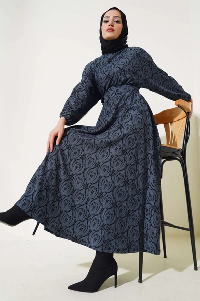 Etnik Desen Yarasa Kol Elbise Duman Gri