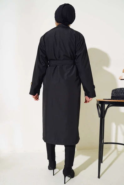 Altı Düğmeli Kuşaklı Trençkot Siyah - Resim 3