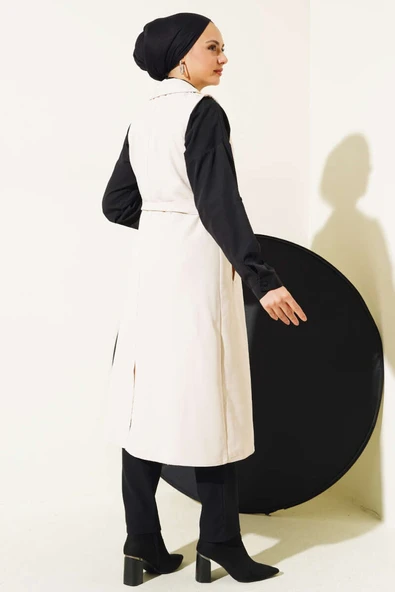 Kuşaklı Sıfır Kol Trençkot Taş - Resim 3