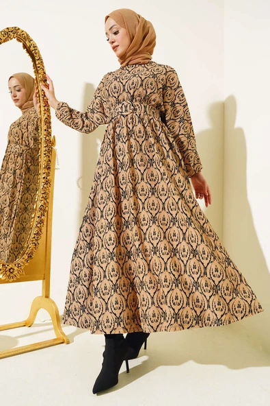 Etnik Desen Yarasa Kol Elbise Camel
