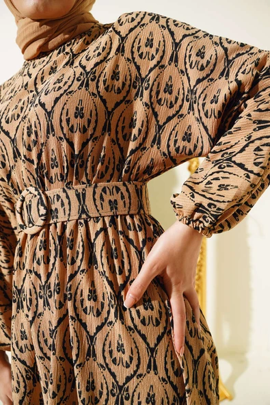 Etnik Desen Yarasa Kol Elbise Camel - 4