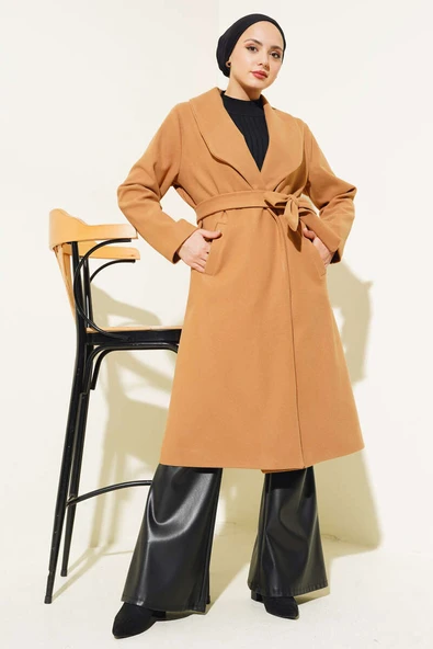 Kuşaklı Uzun Basic Kaşe Kaban Camel ürün görseli 1