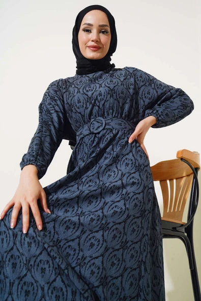 Etnik Desen Yarasa Kol Elbise Duman Gri - 2