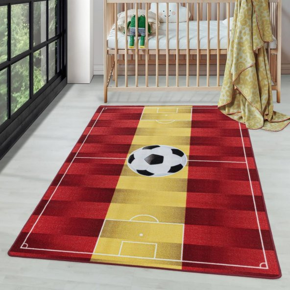 Erkek Çocuk Bebek odası oyun Halısı Futbol Sahası temalı Sarı Kırmızı kaymaz tabanlı - 6