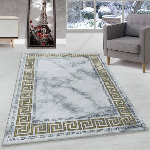Modern Dekoratif bordür Mermer desenli Gold Altın Gri Beyaz Oturma Odası Salon Halısı