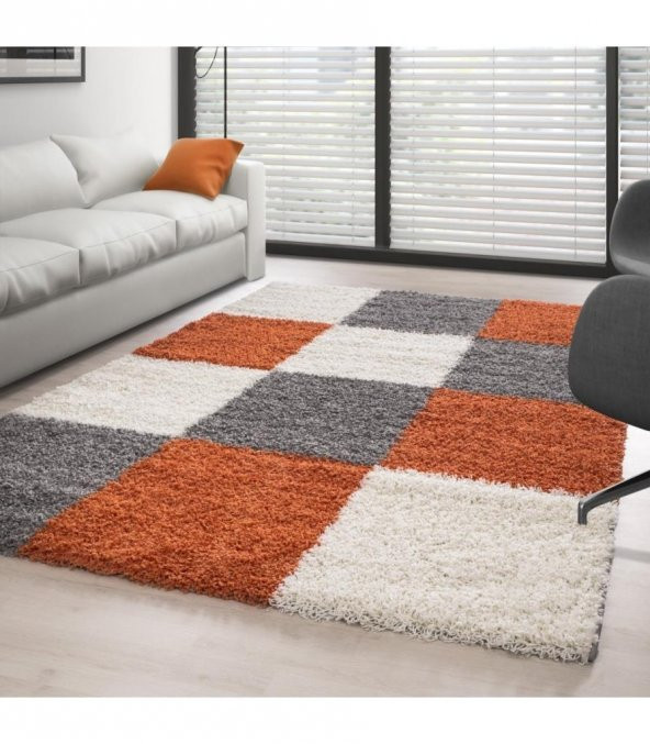 Dekoratif Modern Shaggy 30 mm uzun Tüylü Kare Desenli Turuncu Gri Beyaz Salon Halısı - 1