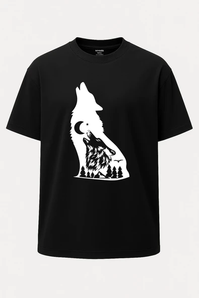 Oversize Uluyan Kurt Ay Yıldız Unisex Baskılı Tişört