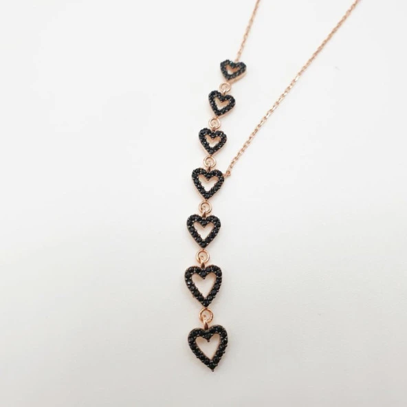 Sıralı Kalp Siyah Taşlı Gümüş Kolye - 6