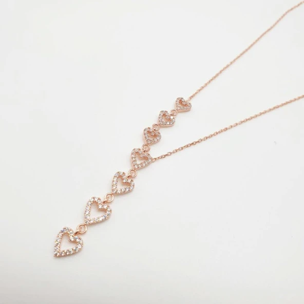 Sıralı Kalp Beyaz Taşlı Gümüş Kolye - 7