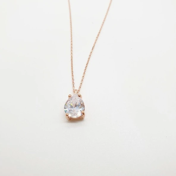 Rose Renk Tek Taşlı Gümüş Kolye - Resim 7