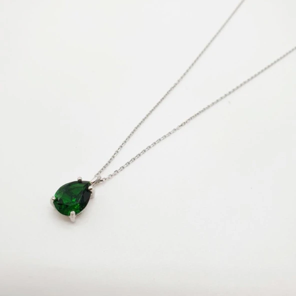 Beyaz Renk Yeşil Taşlı Gümüş Kolye - 9