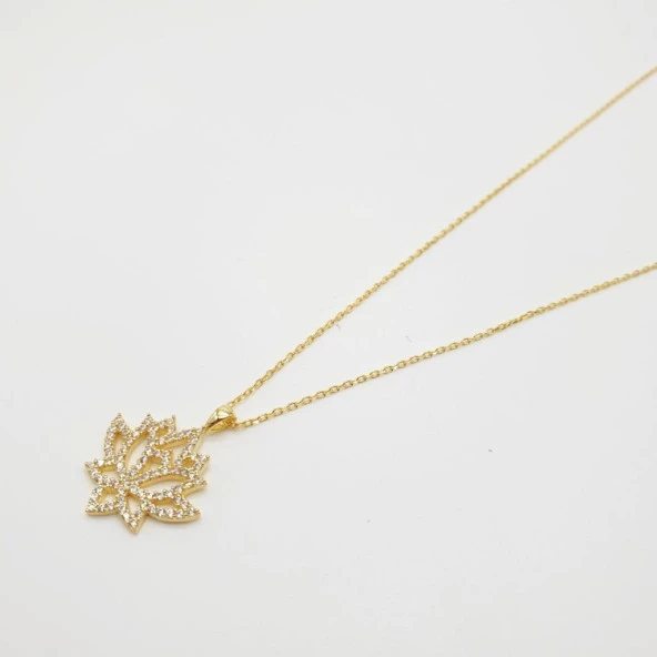 Lale Model Altın Renk Taşlı Gümüş Kolye - 10