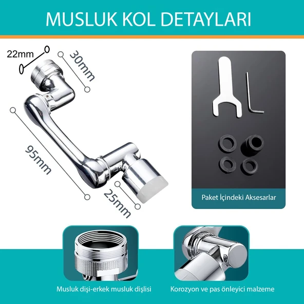 HyMark 1080 Derece Dönebilen Evrensel 2 Modlu Robotik Kol Mutfak Banyo Musluk Başlığı - 4