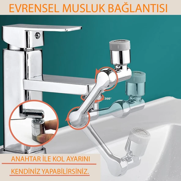 HyMark 1080 Derece Dönebilen Evrensel 2 Modlu Robotik Kol Mutfak Banyo Musluk Başlığı - 3