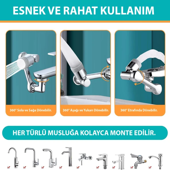 HyMark 1080 Derece Dönebilen Evrensel 2 Modlu Robotik Kol Mutfak Banyo Musluk Başlığı - 5