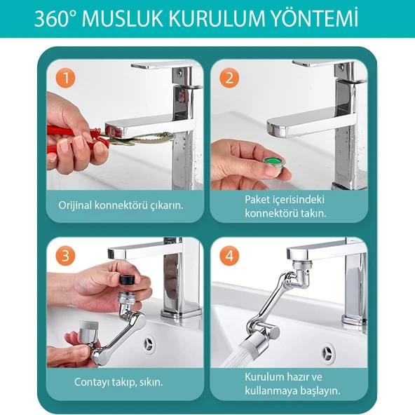 HyMark 1080 Derece Dönebilen Evrensel 2 Modlu Robotik Kol Mutfak Banyo Musluk Başlığı - 8