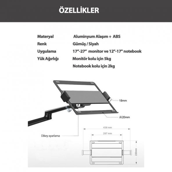 NPO STD7090S 10"-27" Notebook Stand ve Amortisörsüz Vesa Monitör Tutucu Kol Gümüş - 7