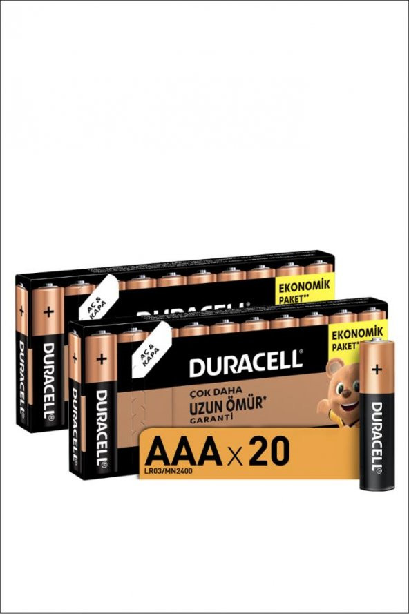 Duracell Alkalin AAA İnce Kalem Piller, 20 Li Paket
