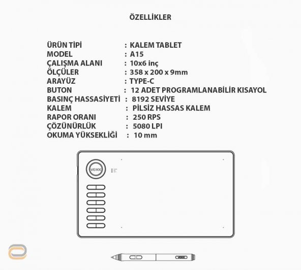 Veikk A15 8192 Levels Zoom Uyumlu 5080Lpı Grafik Tablet+Kalem - 10