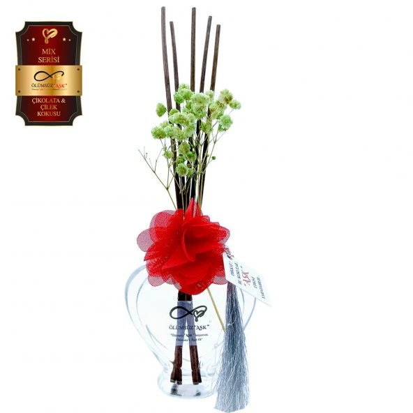 Ölümsüz Aşk Mix Serisi Çikolata & Çilek Kokulu 10 x 60 ml Kalp Şişe Bambu Çubuklu Ortam Kokusu