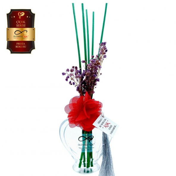 Ölümsüz Aşk Çiçek Serisi Fresia Kokulu 10 x 60 ml Kalp Şişe Bambu Çubuklu Ortam Kokusu