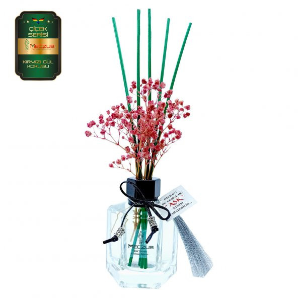 Meczub Çiçek Serisi Kırmızı Gül Kokulu 120 ml Köşeli Şişe Bambu Çubuklu Ortam Kokusu