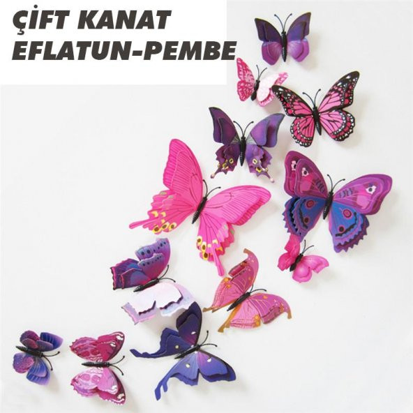 ÇİFT KANATLI KELEBEK ÖZEL KELEBEKLER 3D PVC DUVAR VE BUZDOLABI SÜSÜ 12Lİ STİCKER ÜÇ BOYUTLU CANLI - 3
