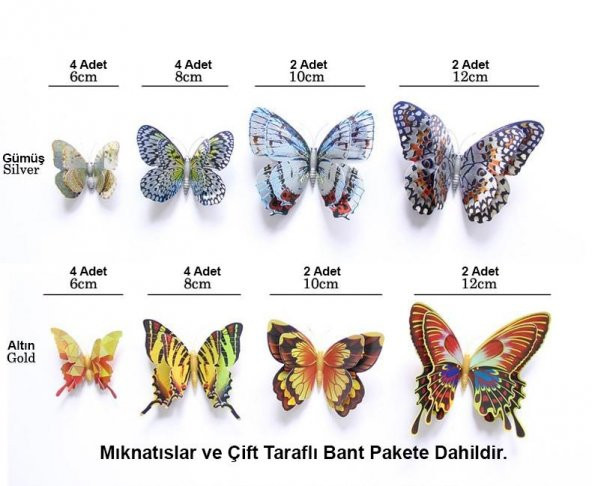 ÇİFT KANATLI KELEBEK ÖZEL KELEBEKLER YENİ MODEL 3D DUVAR VE BUZDOLABI 12Lİ STİCKER ÜÇ BOYUTLU CANLI - 5