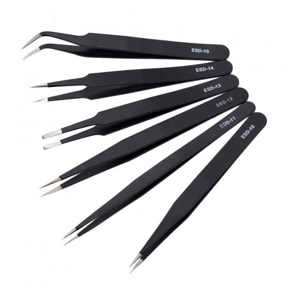 Hassas Cımbız Tweezer Seti Elektronik Altılı 6 Parça Metal Elektronikçi Antistatik Paslanmaz - 5