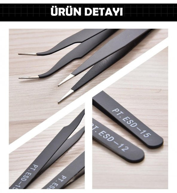 Hassas Cımbız Tweezer Seti Elektronik Altılı 6 Parça Metal Elektronikçi Antistatik Paslanmaz - 7