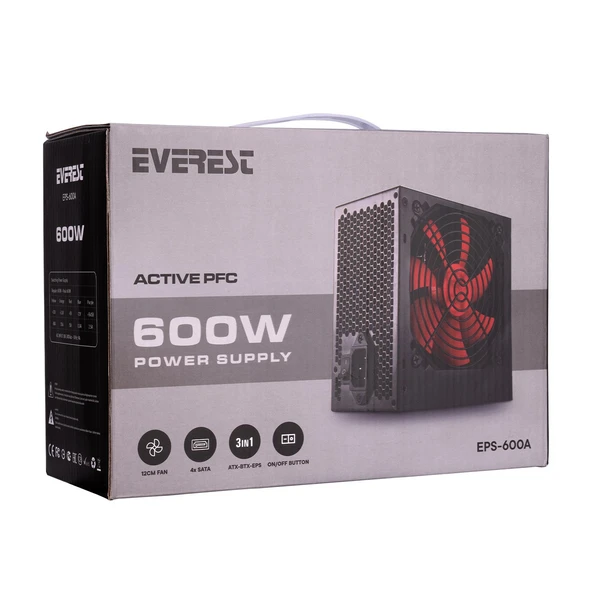 Everest EPS-600A 12cm Fan 4xSATA Aktif PFC Power Supply ATX BTX EPS 3in1 600W Power Supply ürün görseli 1