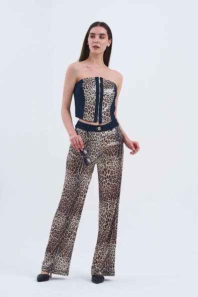 Trend Kadın Özel Tasarım Payetli Leopar İkili Takım - Resim 10