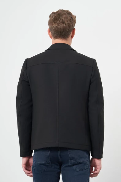 Siyah Kaşe Bebe Yaka Düz Yırtmaçsız Tam Astar Slim Fit Classic Mont 1007245121 - 5