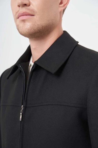 Siyah Kaşe Bebe Yaka Düz Yırtmaçsız Tam Astar Slim Fit Classic Mont 1007245121 - 4