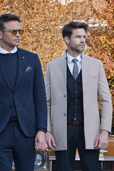 Taş Rengi Kaşe Dik Yaka Kapitoneli Astar Slim Fit Dar Kesim Klasik Kaban 1008245171