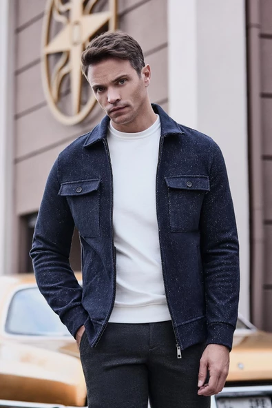 Koyu Lacivert Örme Bebe Yaka Kendinden Desenli Yırtmaçsız Astarsız Slim Fit Classic Mont 1007245156