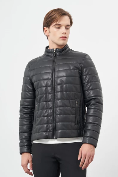 Siyah Suni Deri Hakim Yaka Düz Yırtmaçsız Tam Astar Slim Fit Casual Deri Mont 1038245153