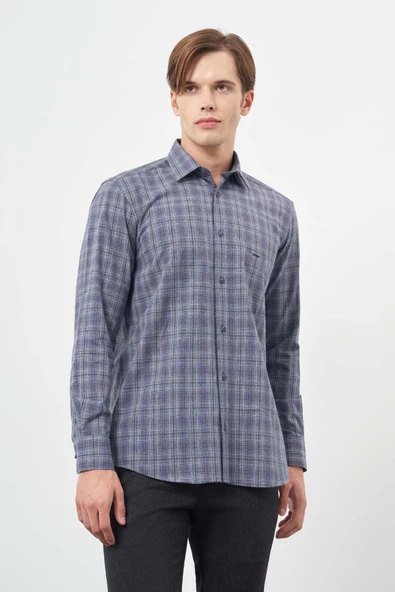 Koyu Lacivert Uzun Kol Ekose Desen Cepli Pamuklu Classic Comfort Fit Gömlek 1004245212 - Resim 3