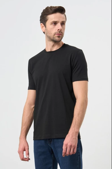 Siyah Kısa Kol Düz Bez Ayağı Bisiklet Yaka Casual Slim Fit Tişört 1011245193